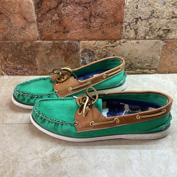 Milly for Sperry Top-Sider Green Canvas & Tan Leather Boat Shoes Sz 9 Slip-On - Picture 2 of 15